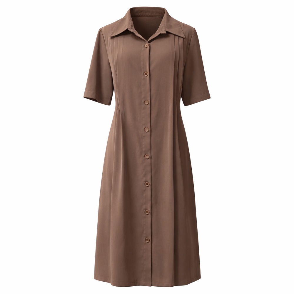 Susan Graver Brown Button Front Midi Dress Size M Pleated Career Shirt Dress